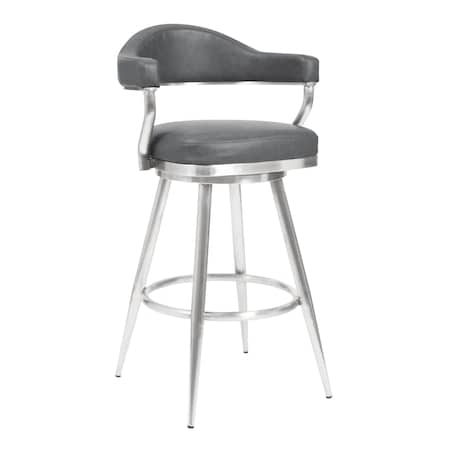 Armen Living Amador 30" Bar Height Barstool in Brushed Stainless Steel and Vintage Gray Faux Leather 721535747054